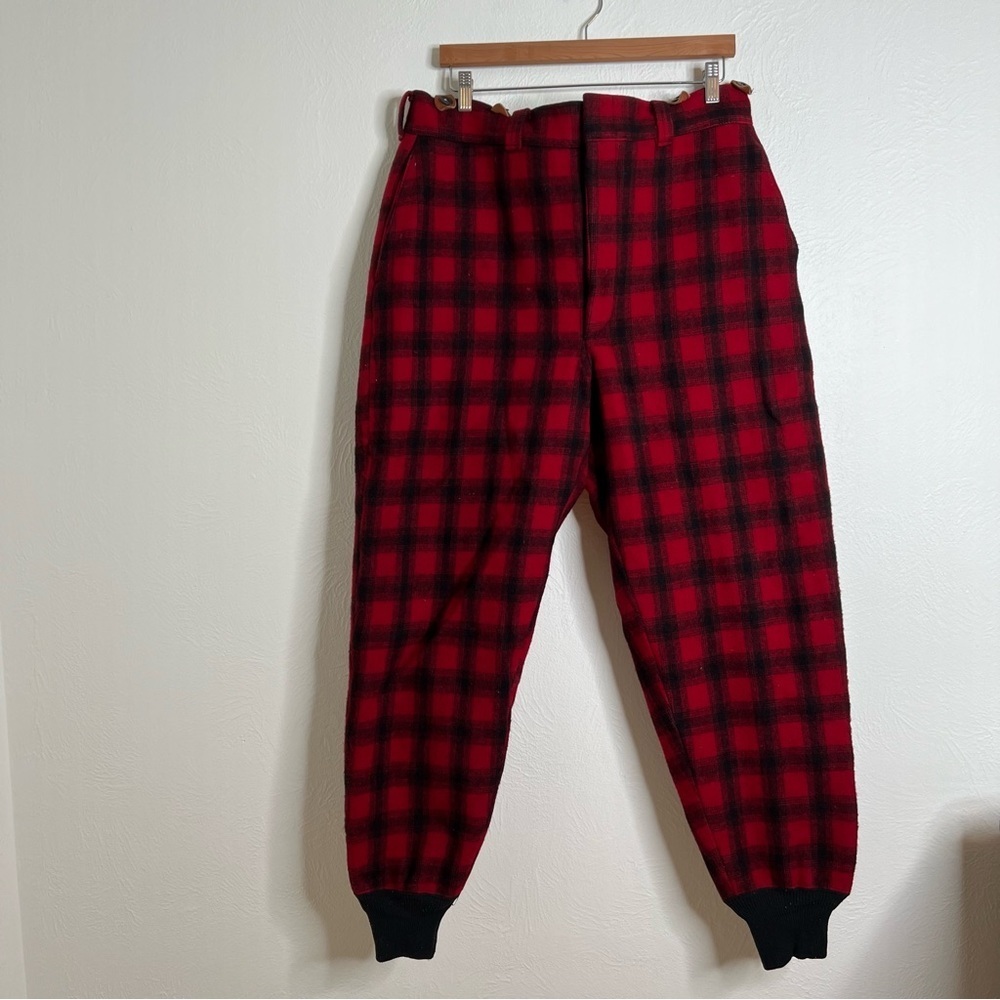 Vintage Woolrich Red Black Plaid Wool Suspender Pants Size XL